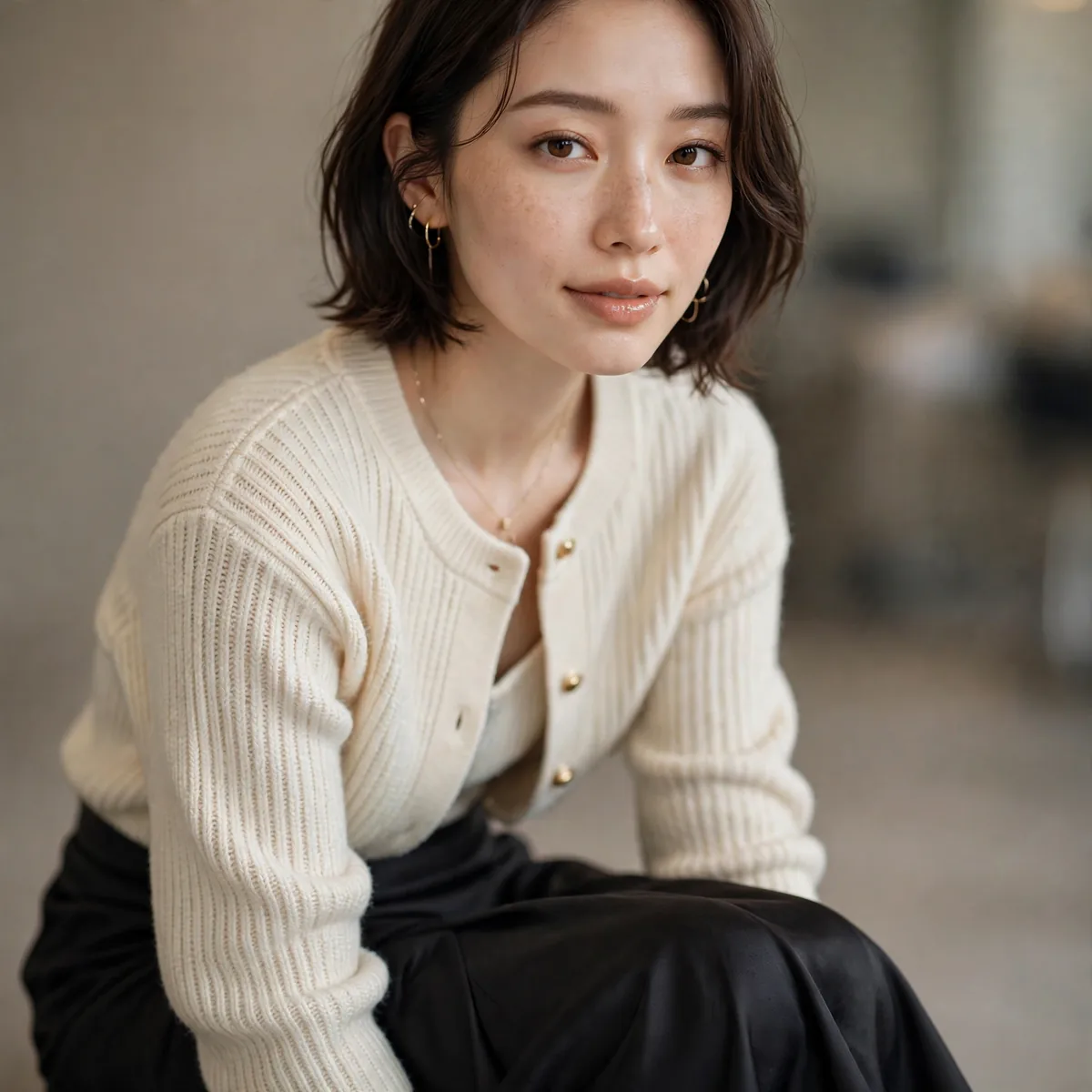 Petite woman in midi skirt