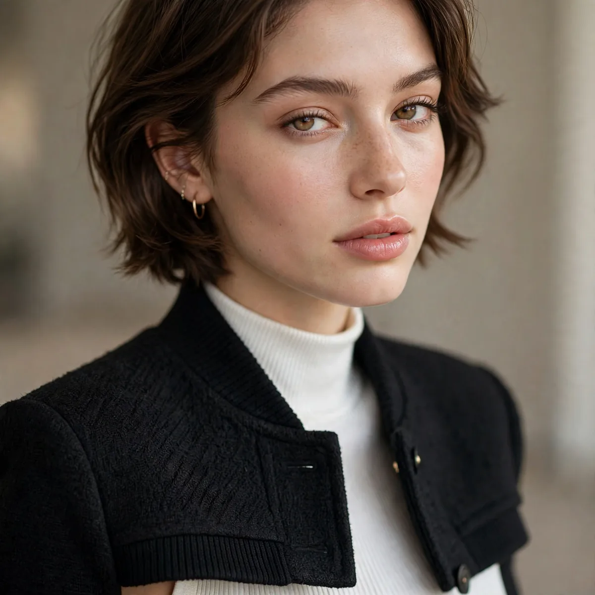Cropped jacket on petite woman