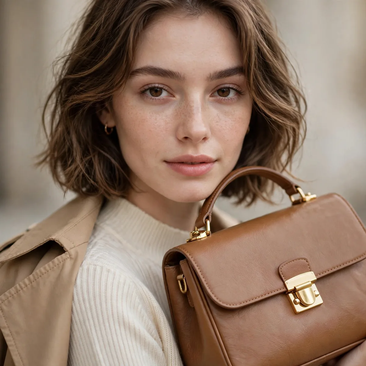 Medium sized handbag on petite woman