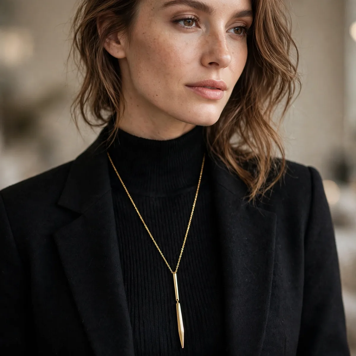 Long pendant necklace elongating torso