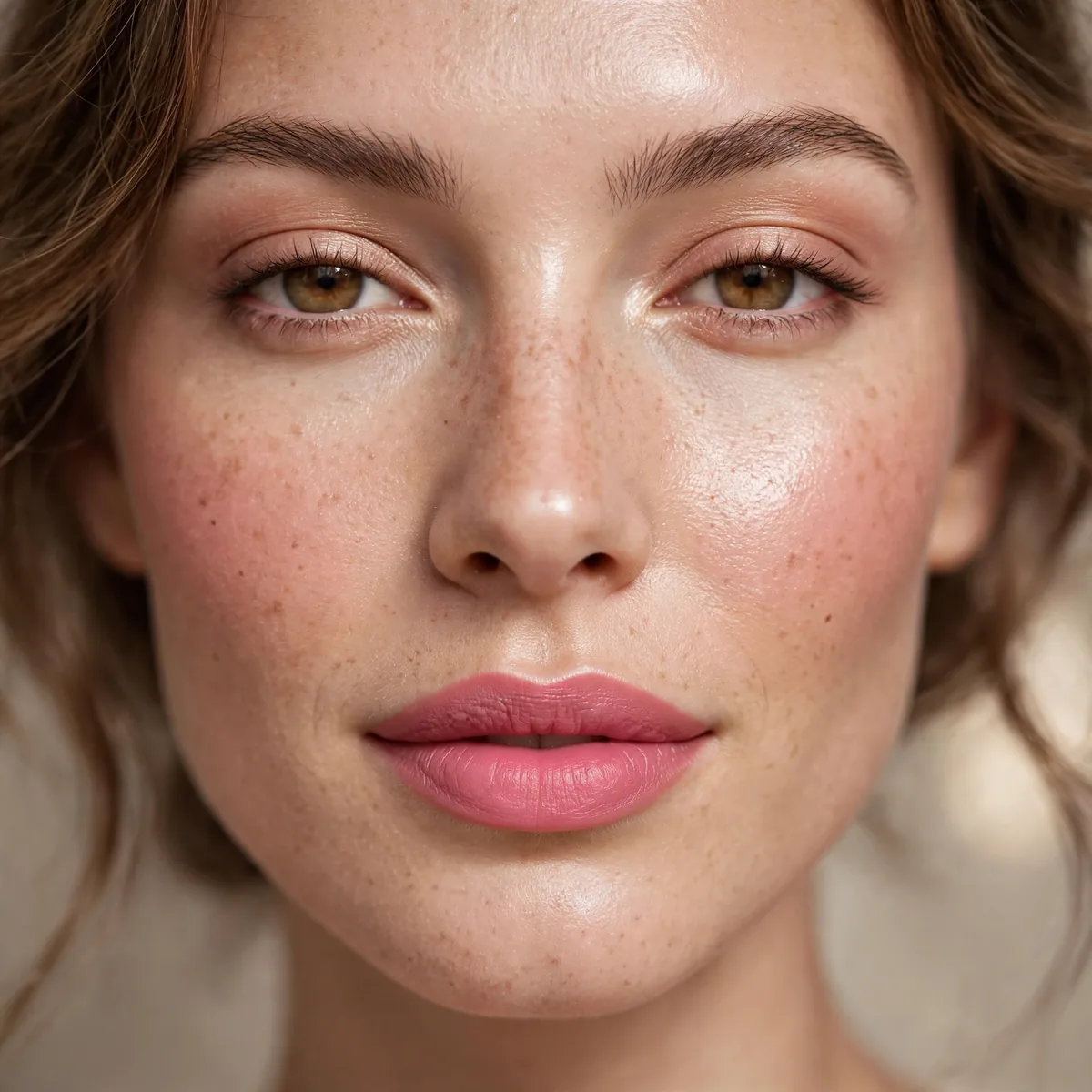 Woman wearing classic pink lipstick with soft glowing makeup