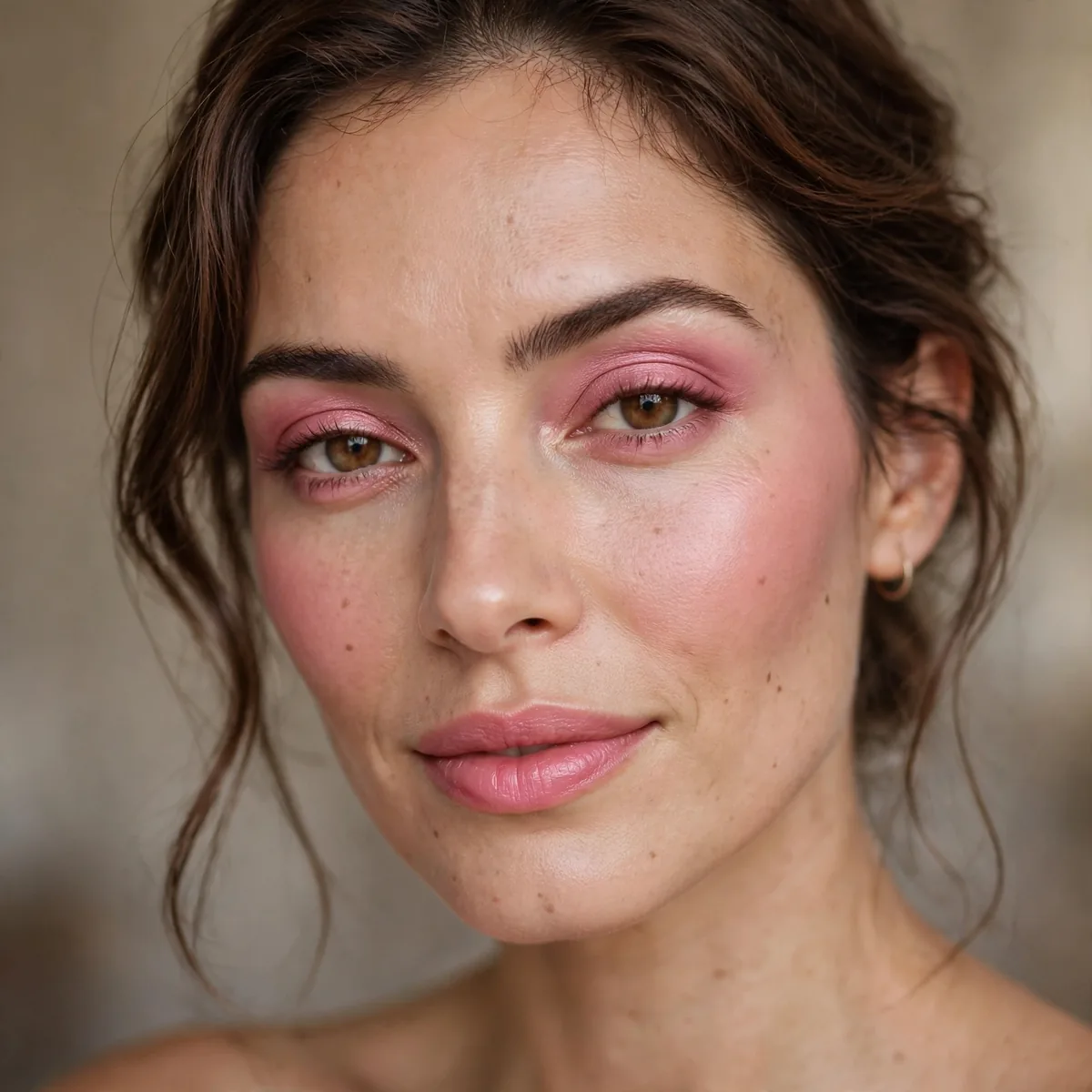 Monochrome pink makeup with matching blush, eyeshadow and lips