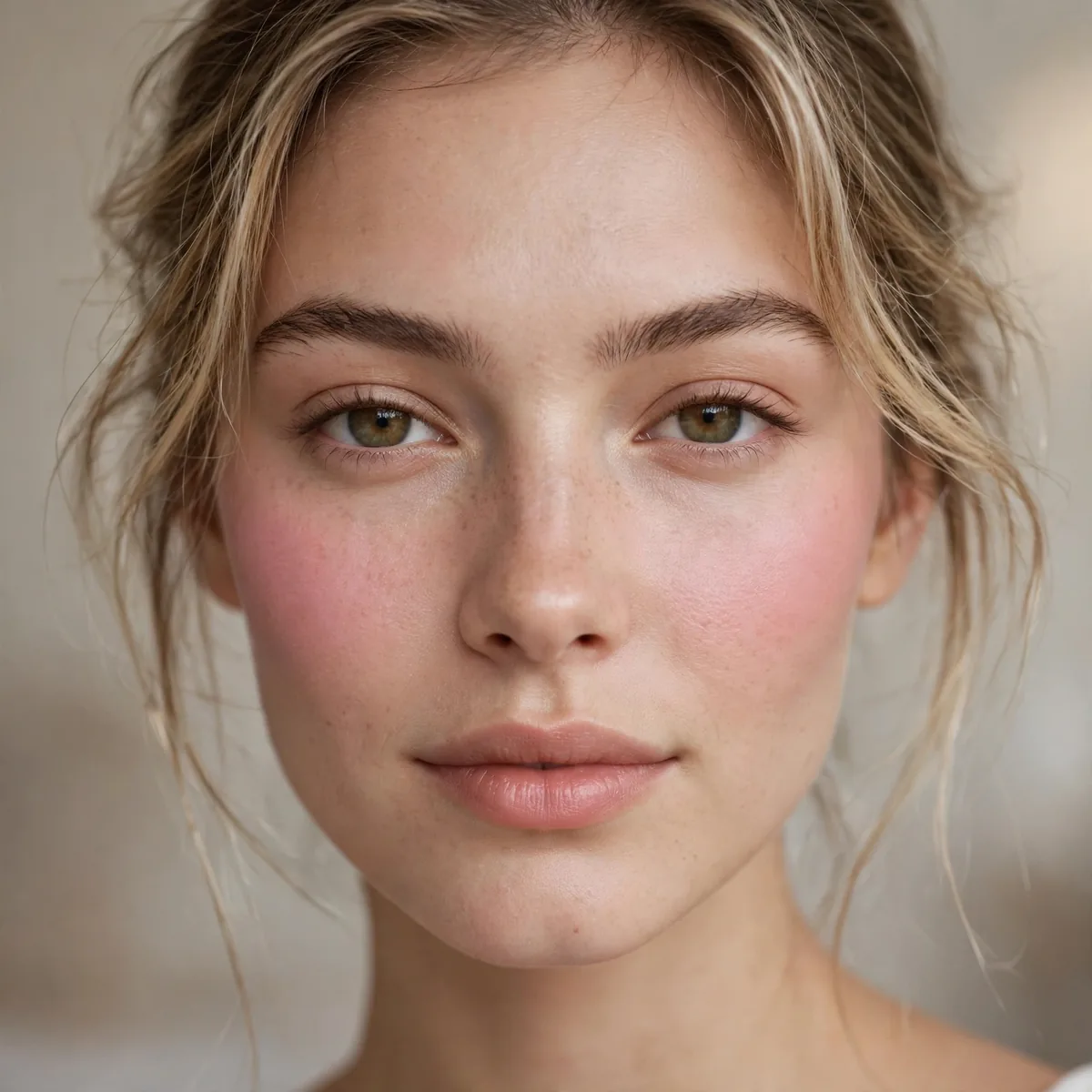 Soft ballet pink blush on cheeks with natural makeup