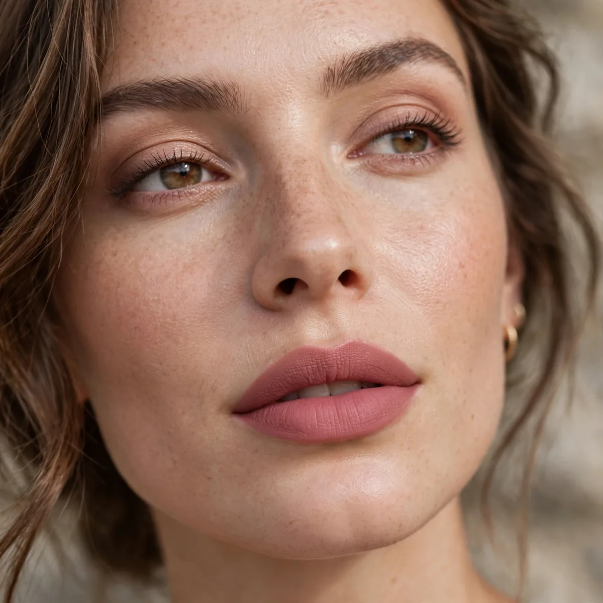 Dusty rose matte lipstick in sophisticated muted pink
