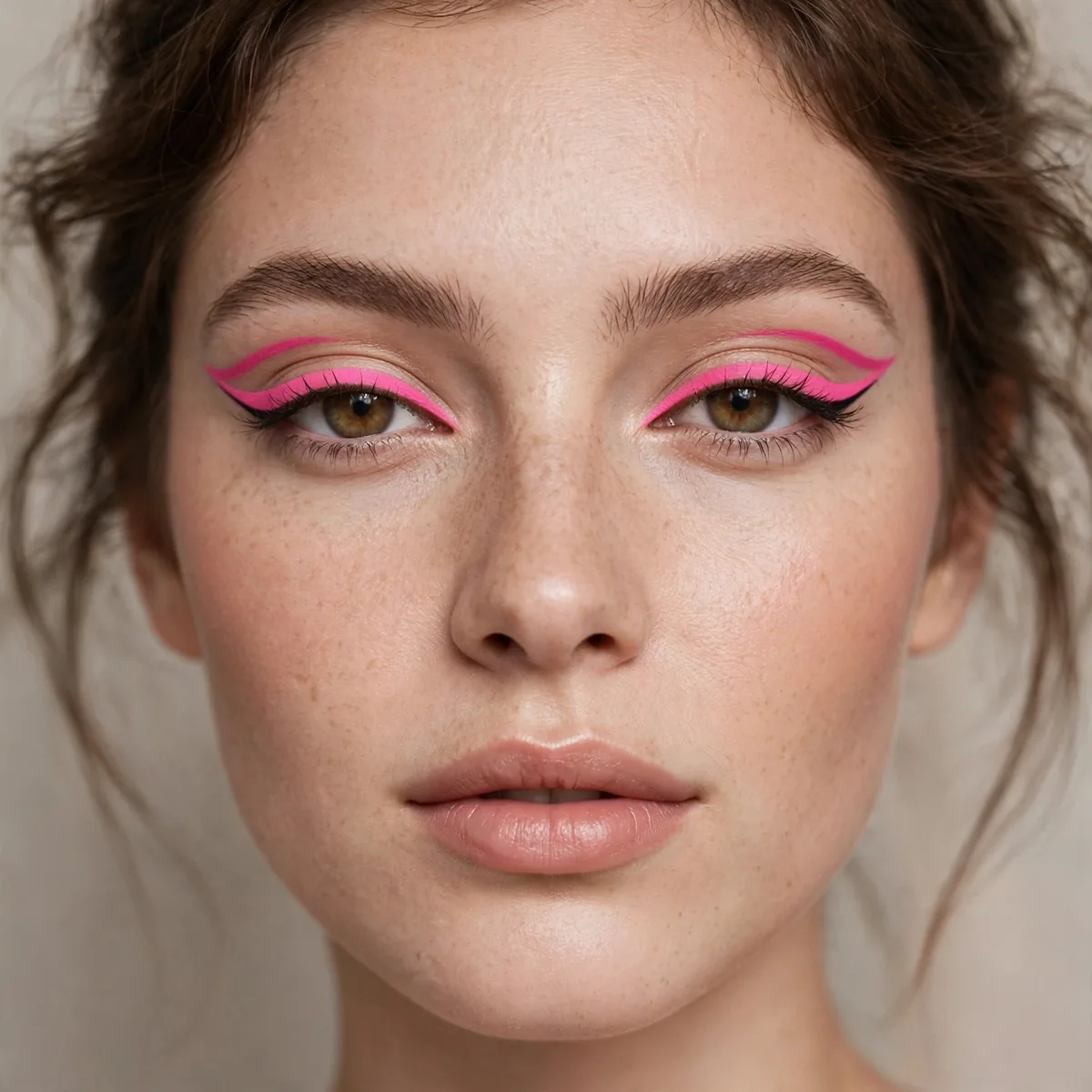 Pink winged eyeliner in bold graphic style