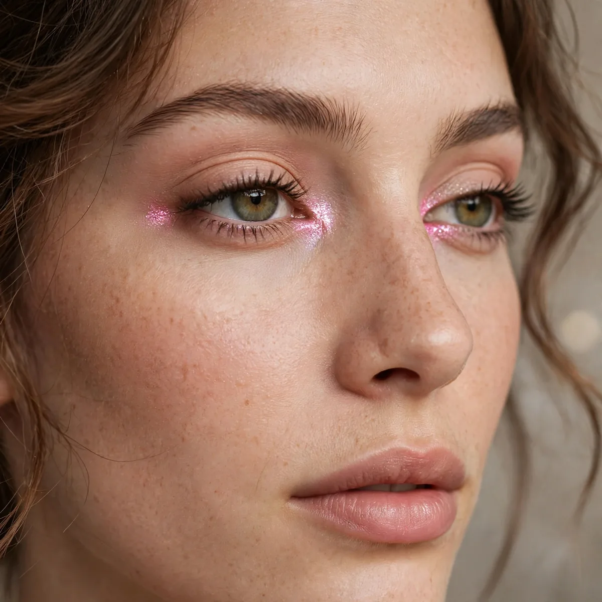 Pink eyeshadow pop in inner eye corners