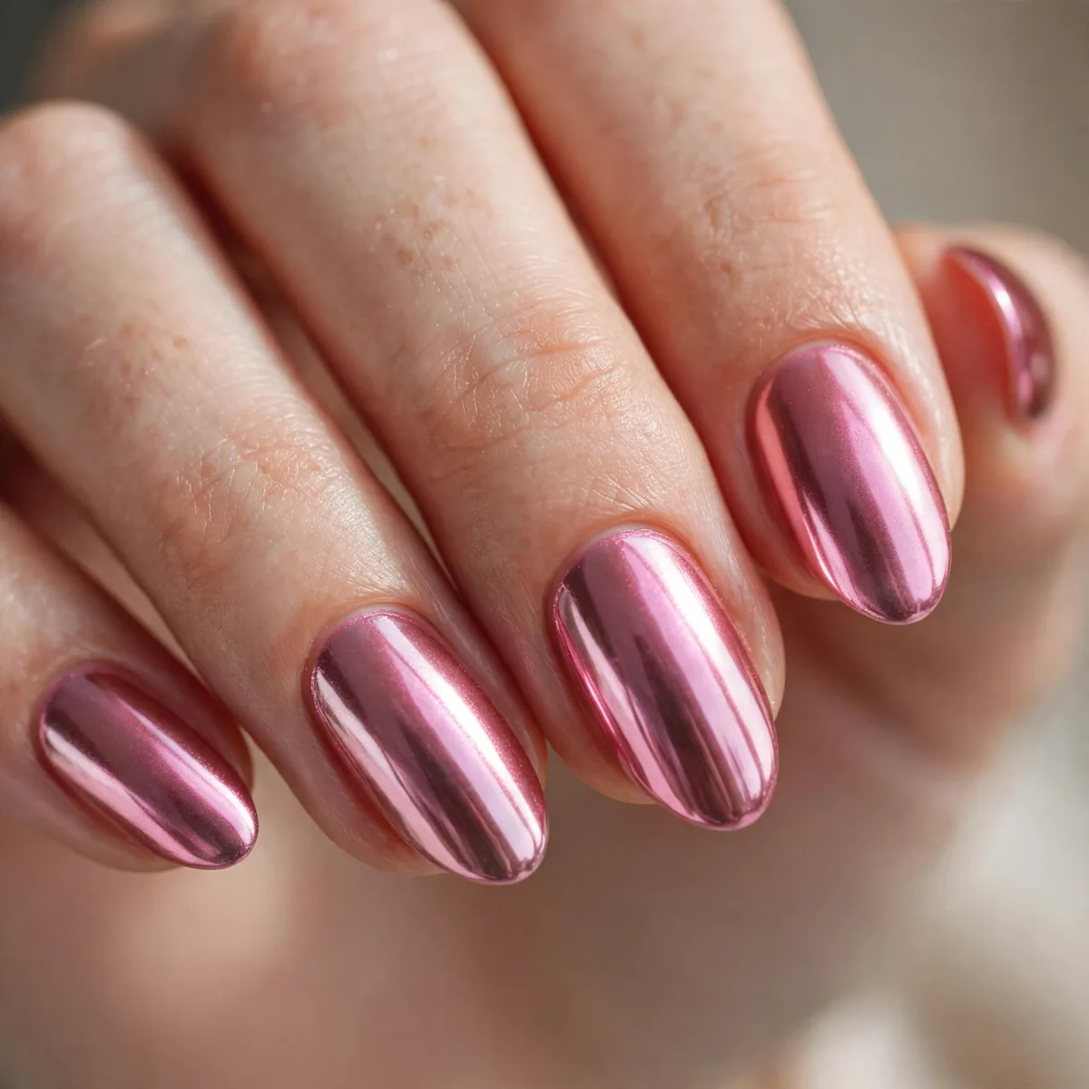 Pink metallic chrome nails