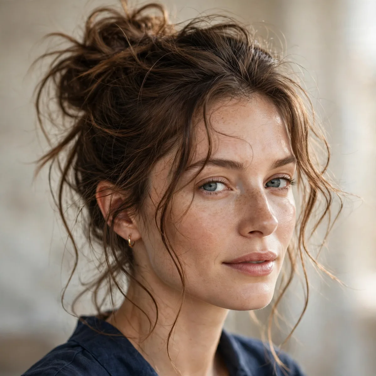 Messy bun pirate hairstyle with loose strands