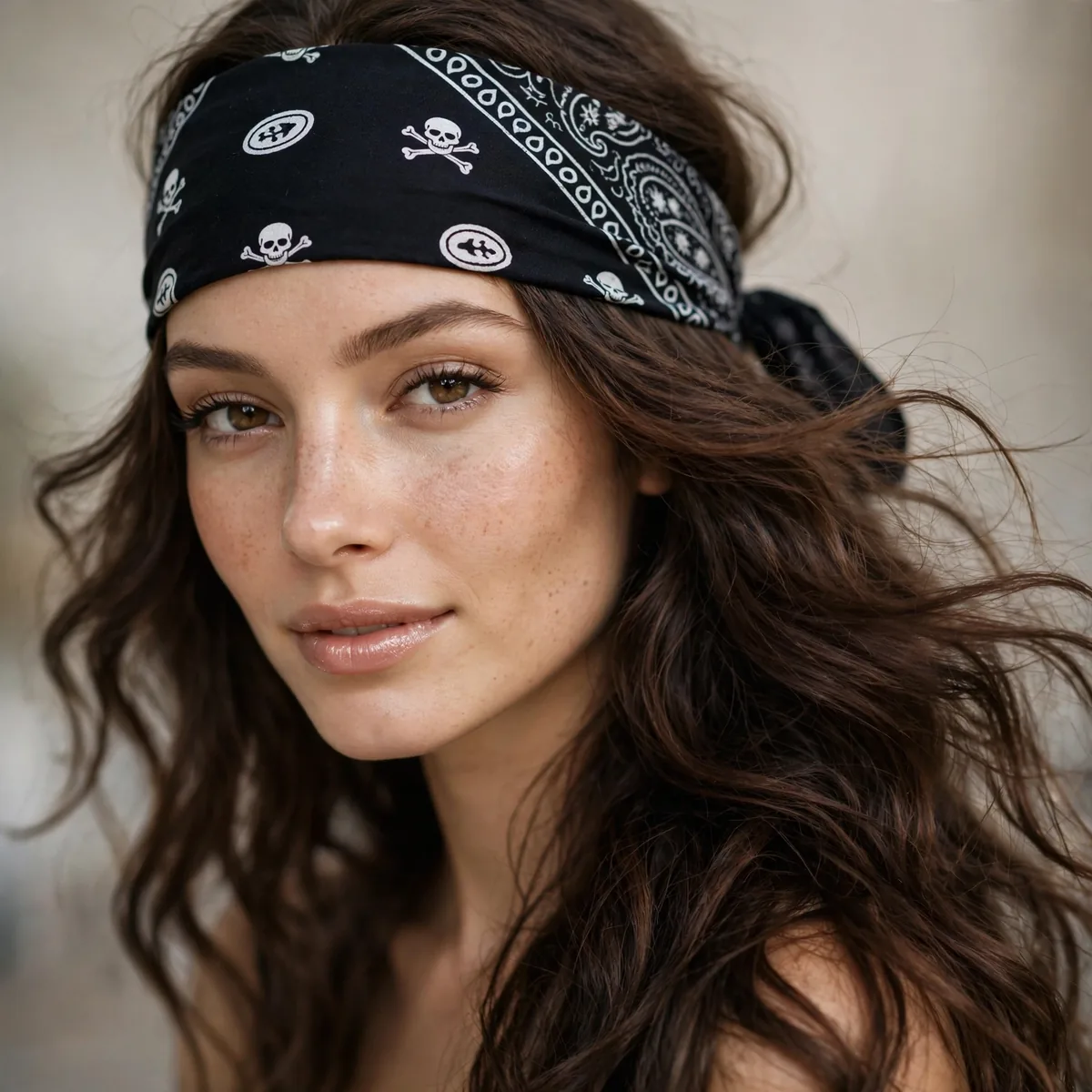Pirate bandana worn as headband with flowing hair