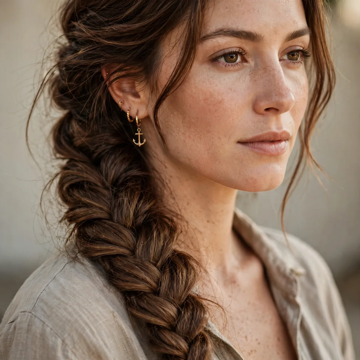 Fishtail braid pirate hairstyle draped over shoulder