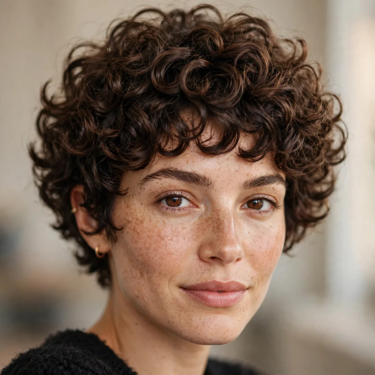 Curly pixie bob with bouncy defined curls and rounded shape