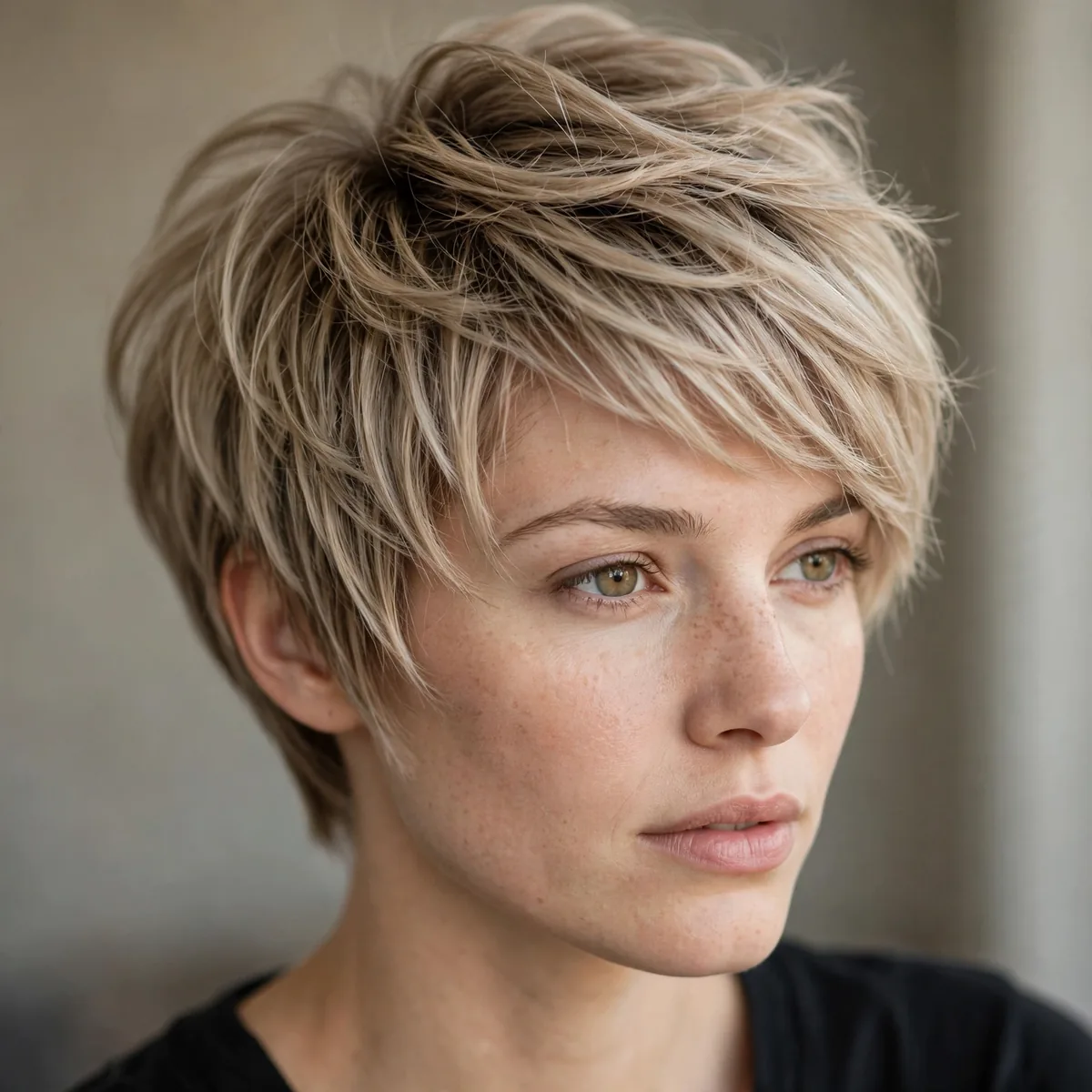 Layered pixie bob on fine hair with stacked crown layers creating fullness