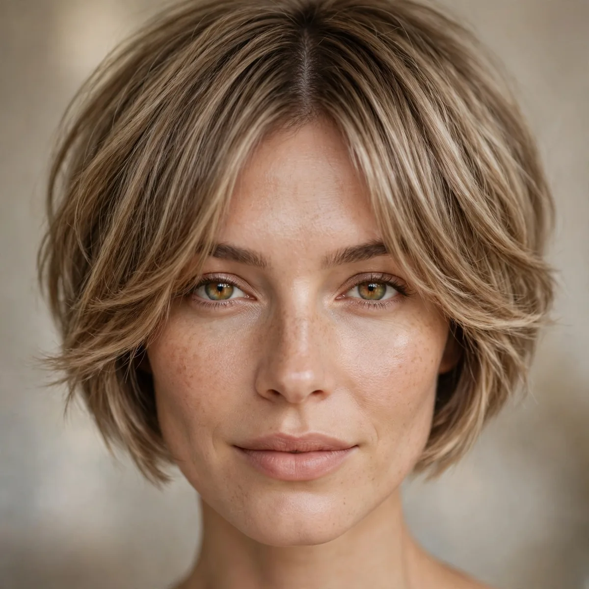 Pixie bob with curtain bangs parted in the middle framing both sides of the face