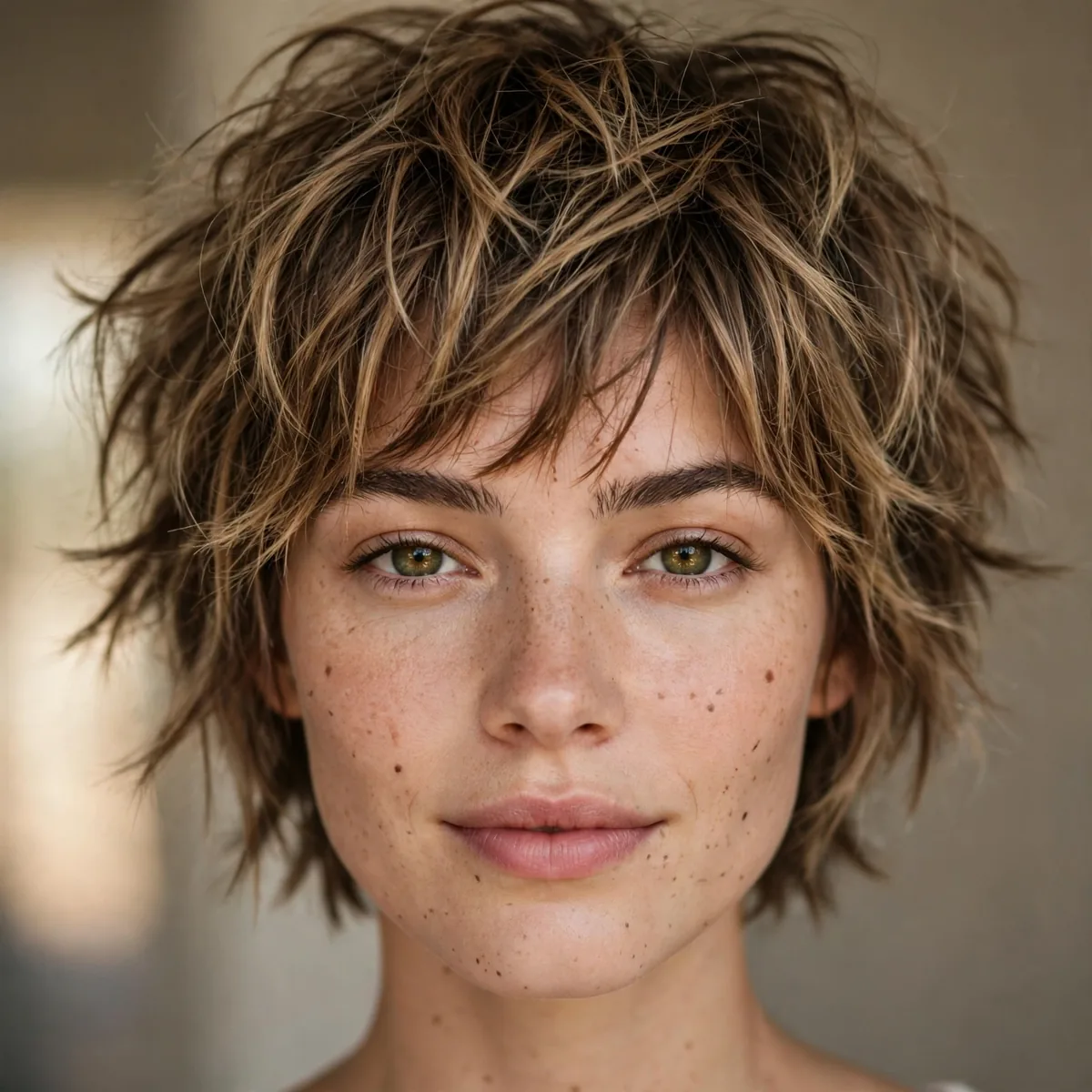 Messy tousled pixie bob with bedhead texture and carefree lived-in finish