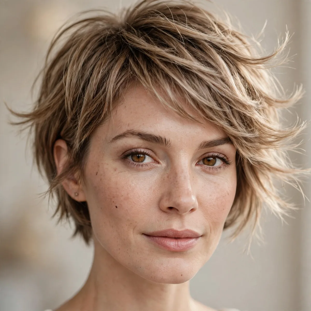 Feathered pixie bob with soft wispy layers flicking outward gently
