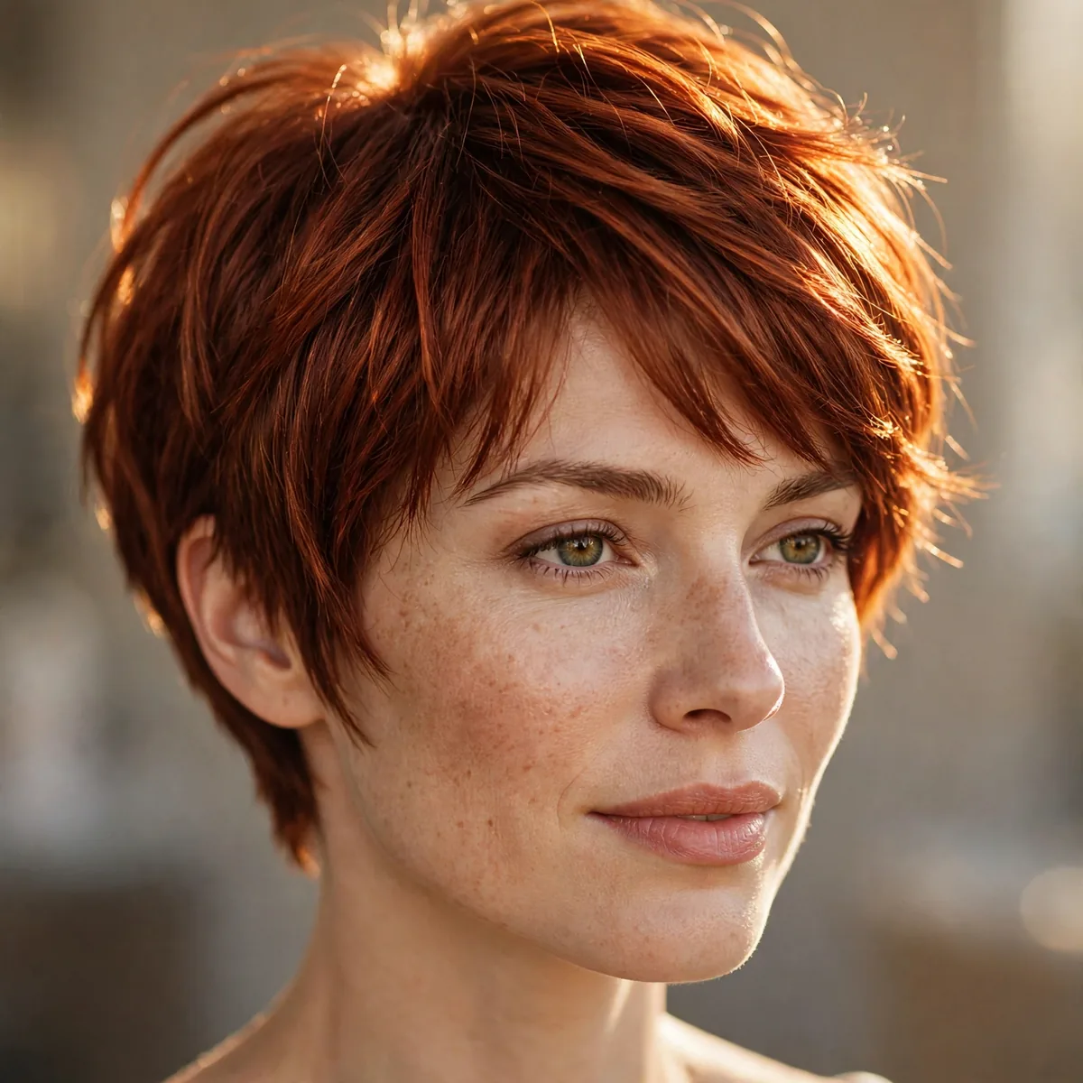 Auburn pixie bob with rich warm copper tones glowing in the light