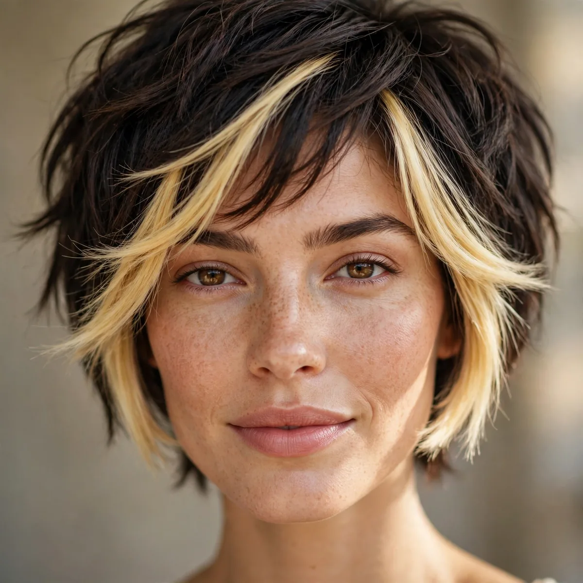 Pixie bob with bold blonde money piece highlights framing the face brightly