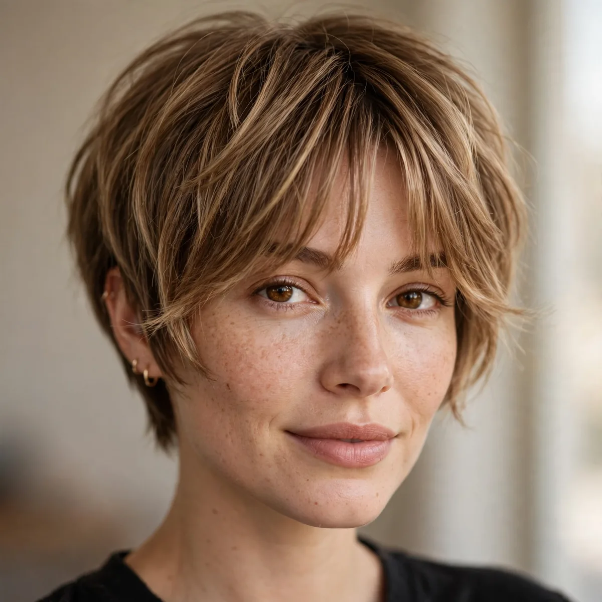 Pixie bob with soft curtain bangs