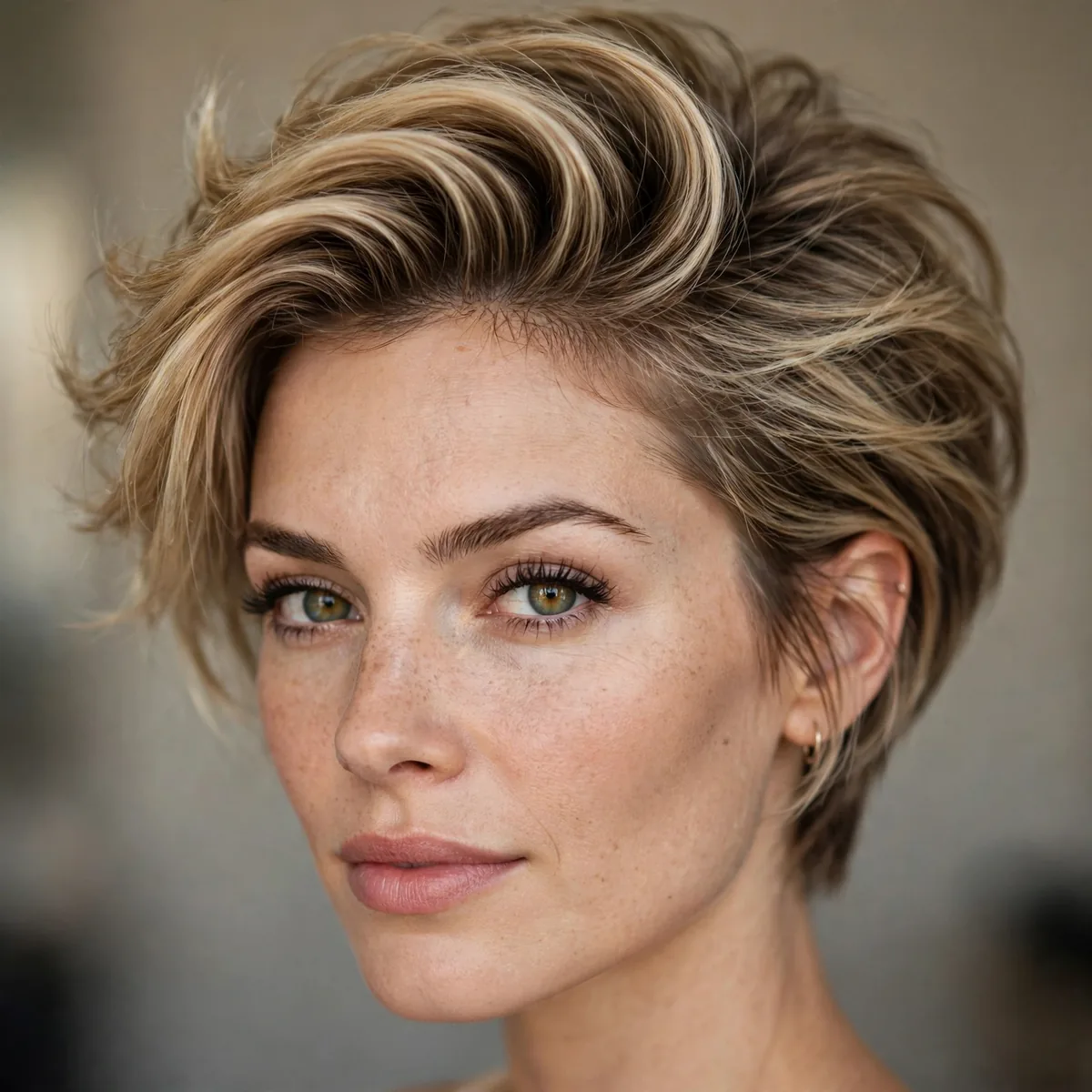 Pixie bob styled with volume brushed back