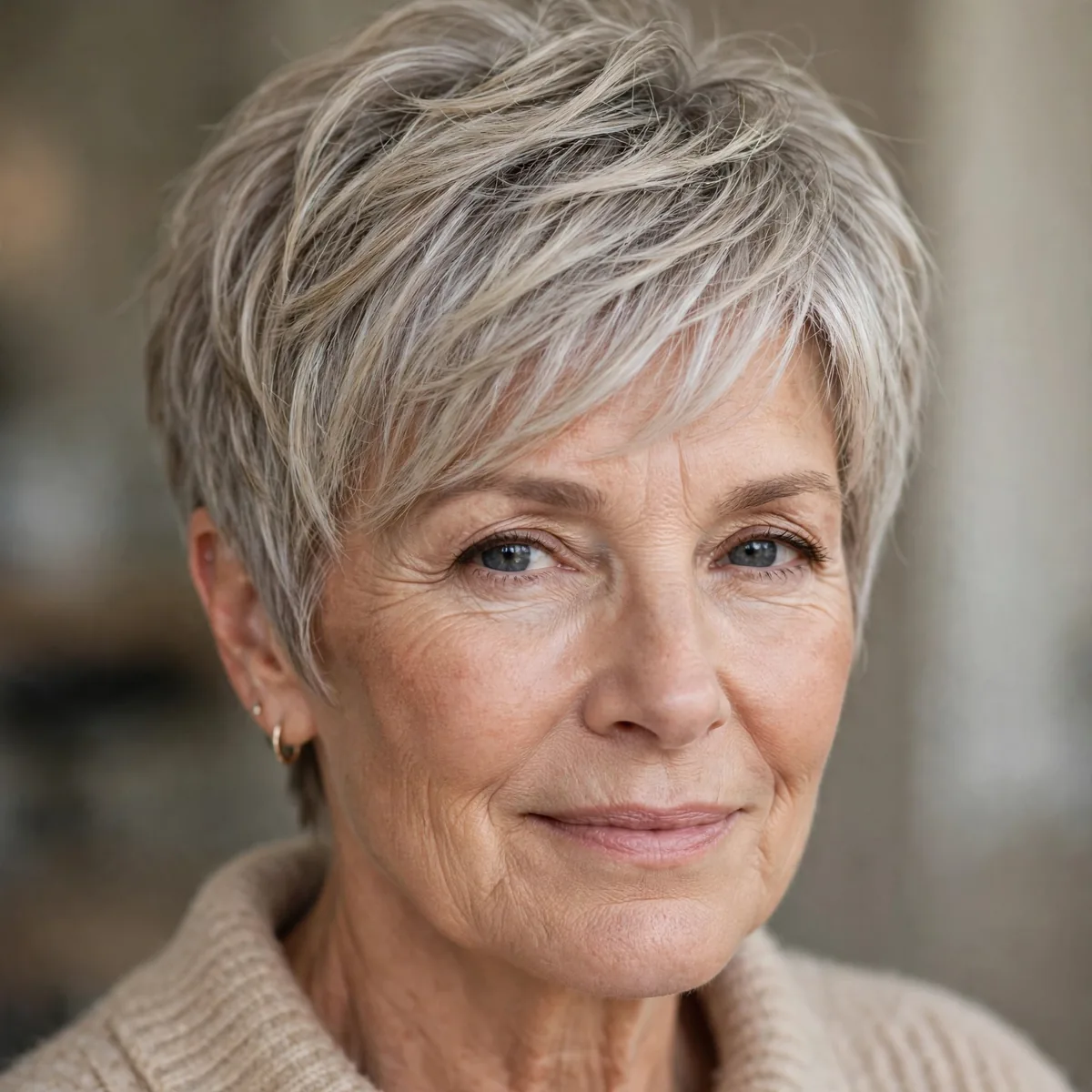 Soft layered pixie with texture for a woman over 60
