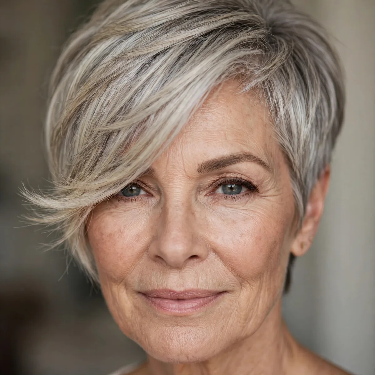 Pixie haircut with long side swept bangs for a woman over 60