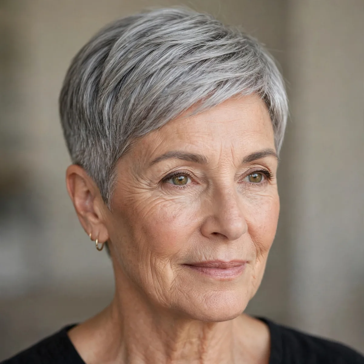 Tapered pixie with neat sides for a woman over 60