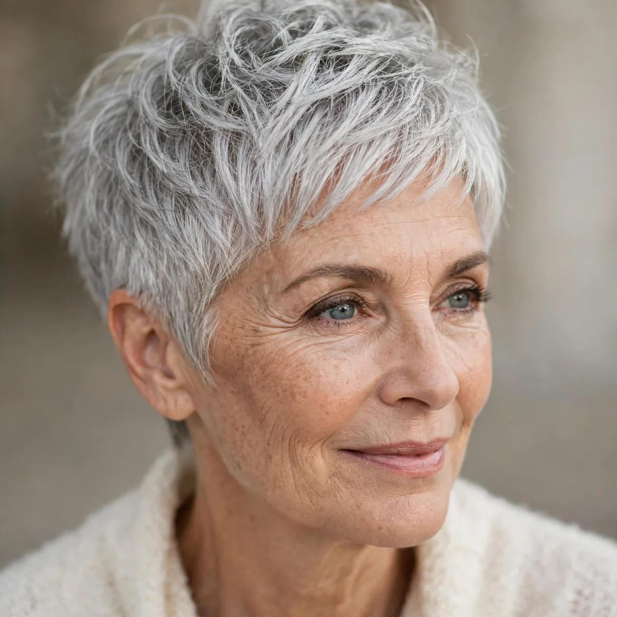 Textured silver pixie haircut on a woman over 60