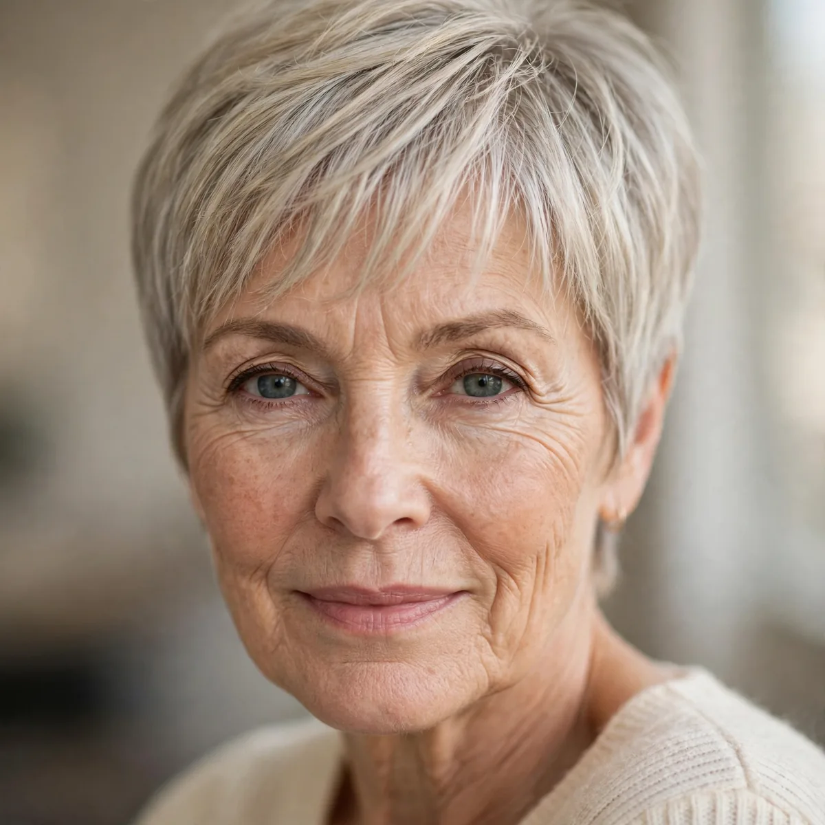 Pixie with a light wispy fringe for a woman over 60