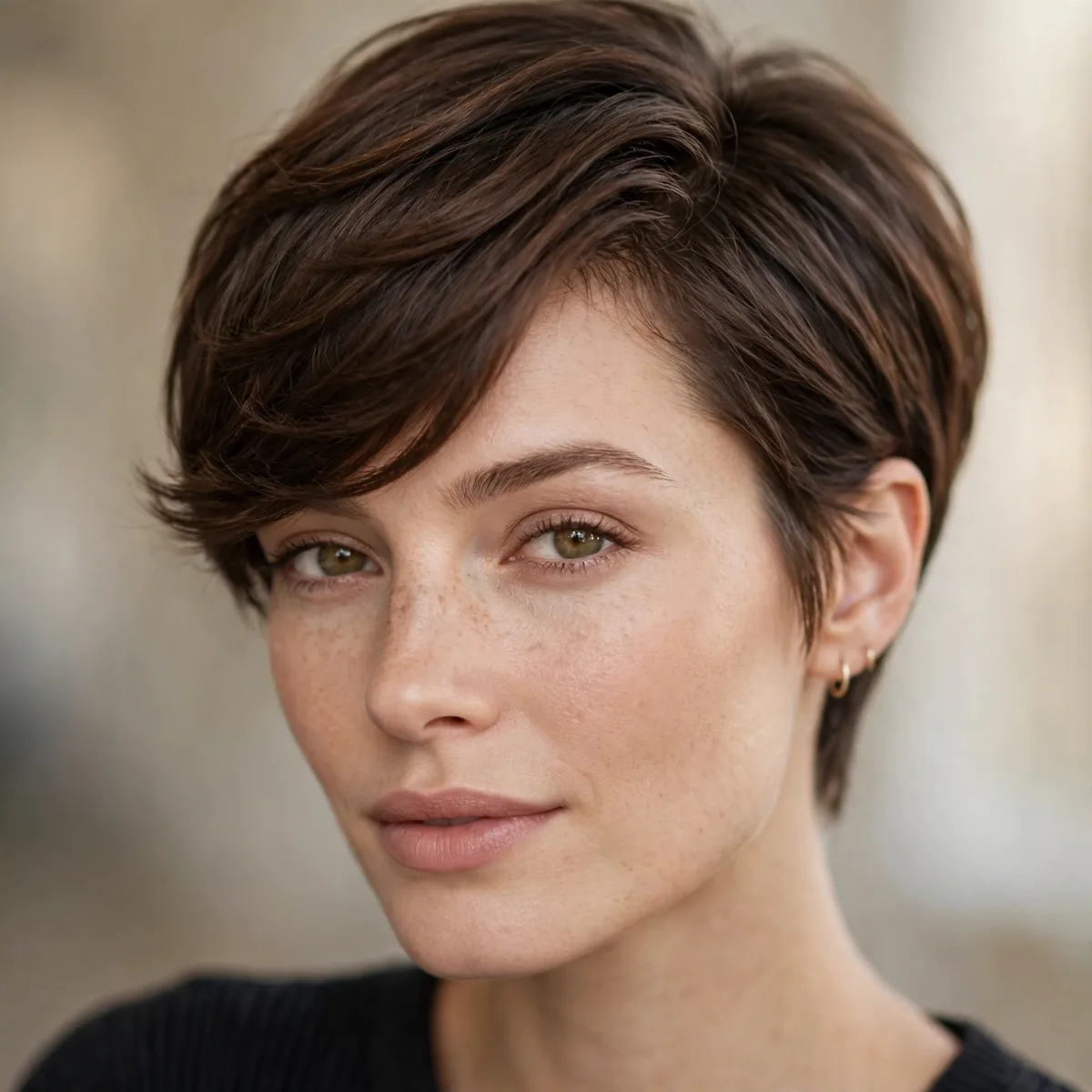 Pixie with hair swept to the side elegantly