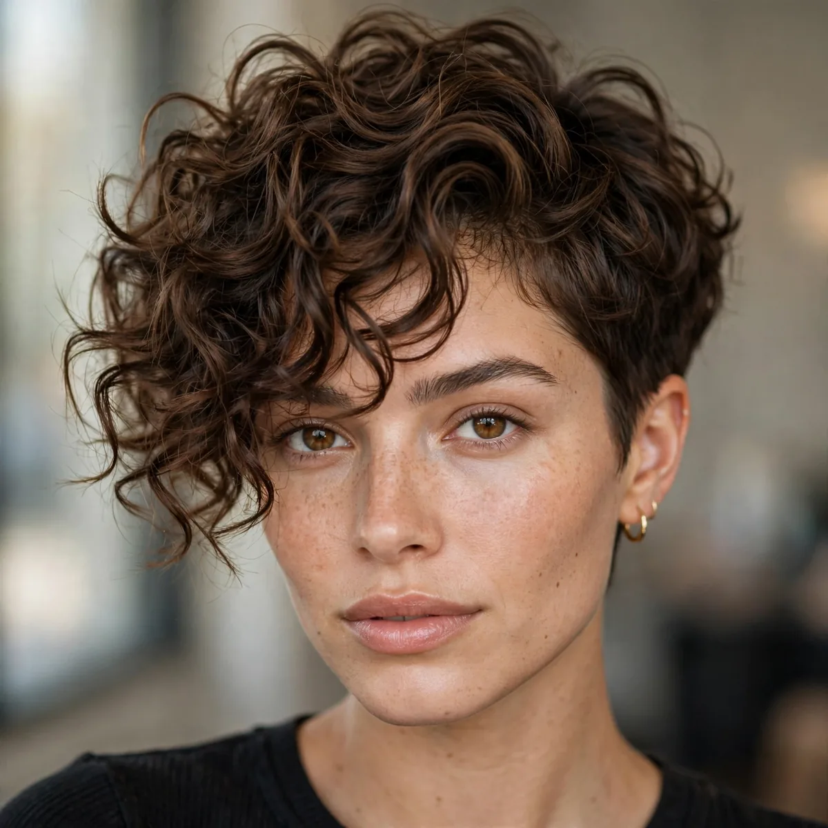 Curly pixie with a long textured top and shorter neatly tapered sides