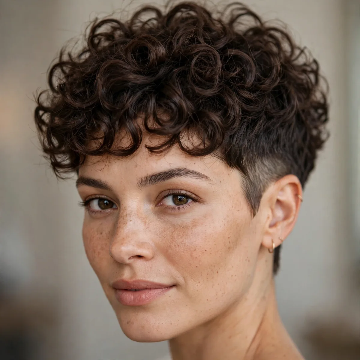 Curly pixie with neatly tapered sides and full curls on top