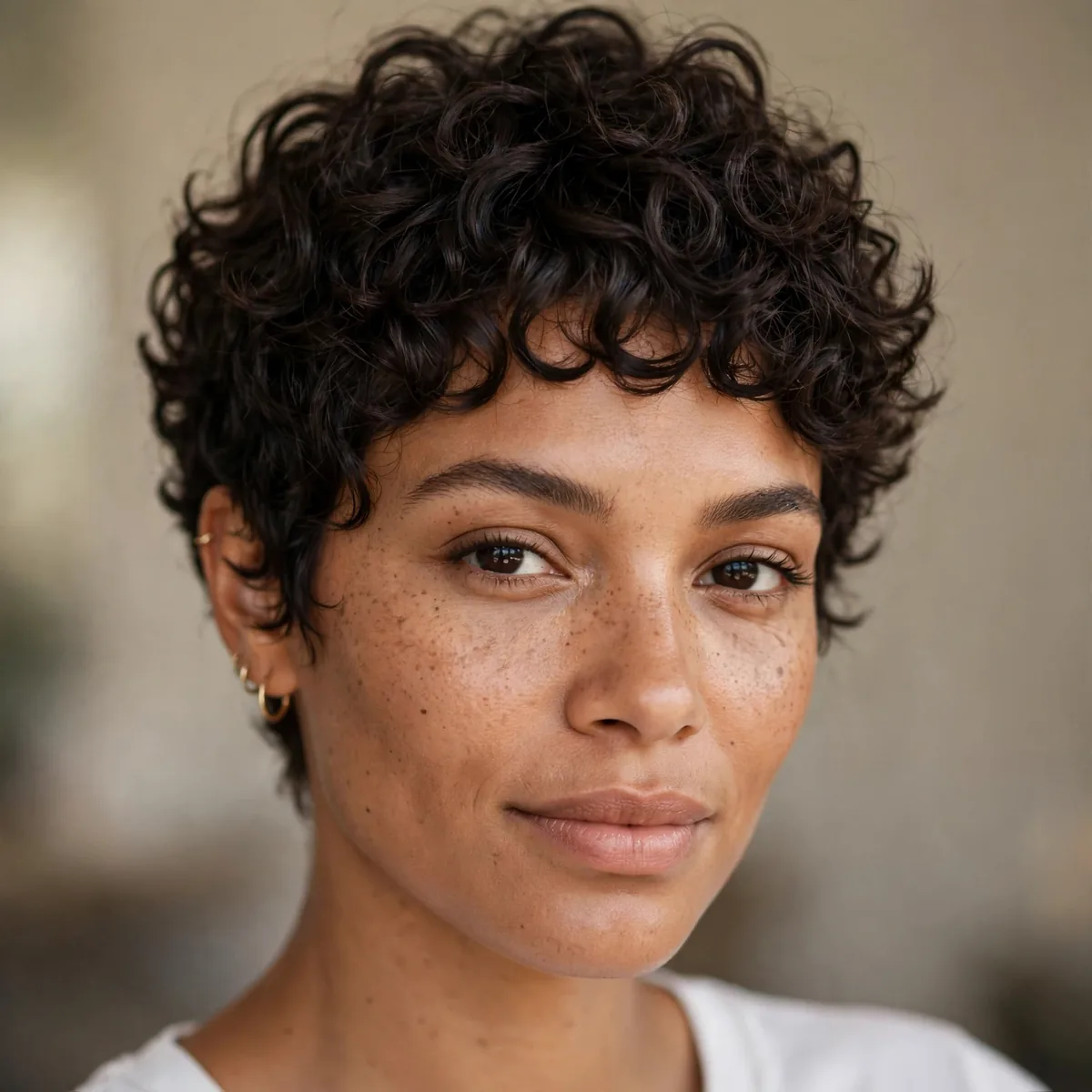 Wash-and-go curly pixie with natural defined curls and minimal styling