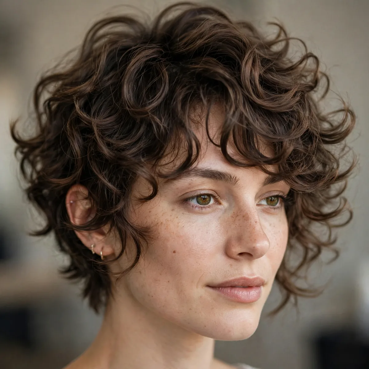 Layered curly pixie with cascading curl layers and beautiful movement