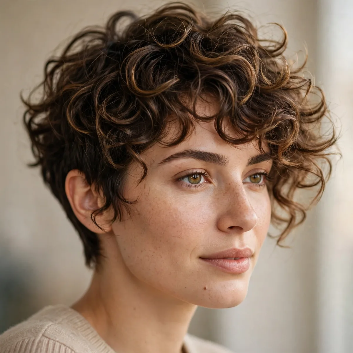 Growing out curly pixie with blended layers transitioning to a longer shape