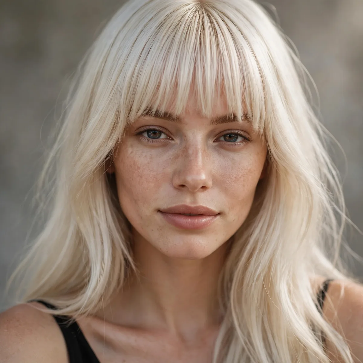 Platinum blonde hair with bangs