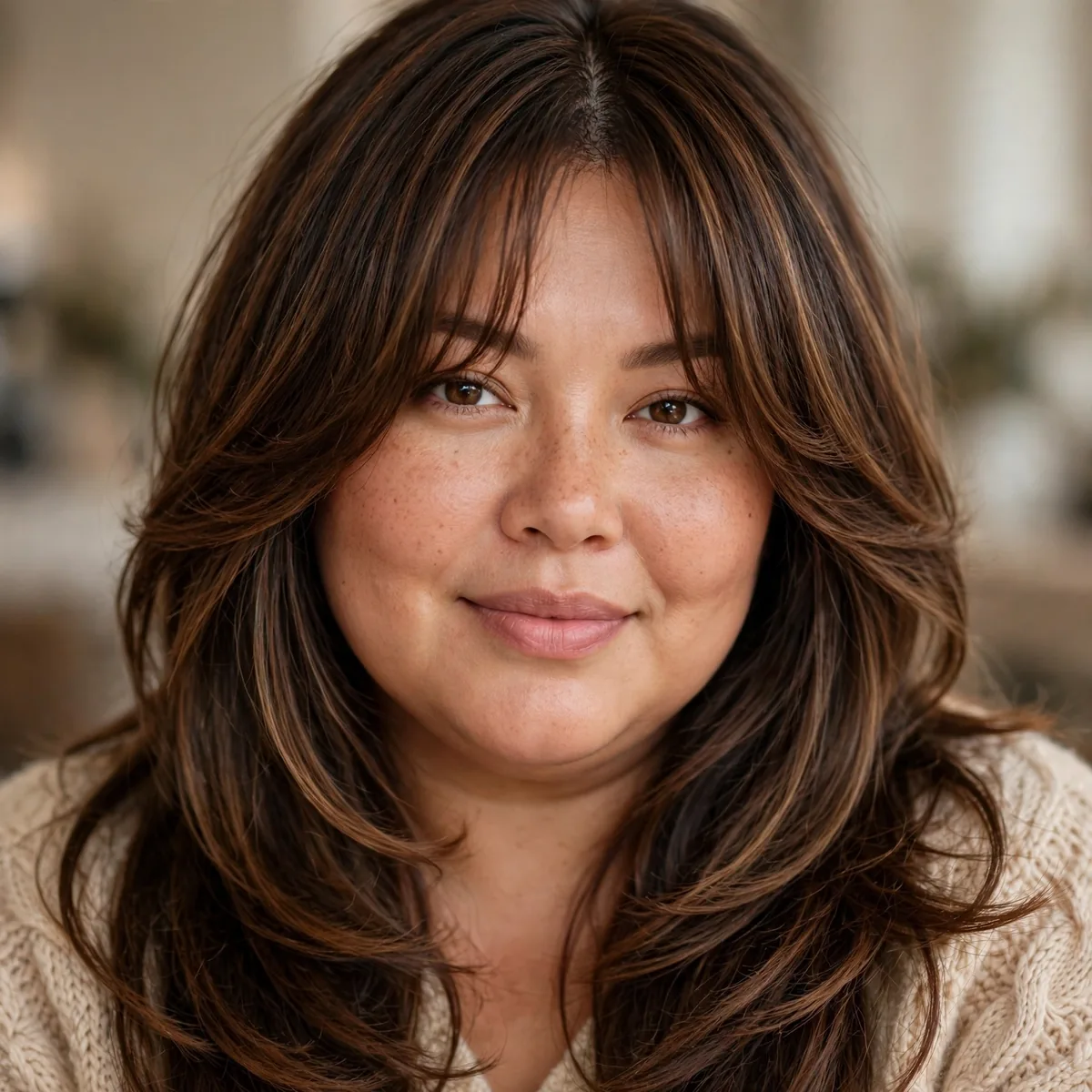 Long layered hair with curtain bangs parted in the middle on a curvy woman