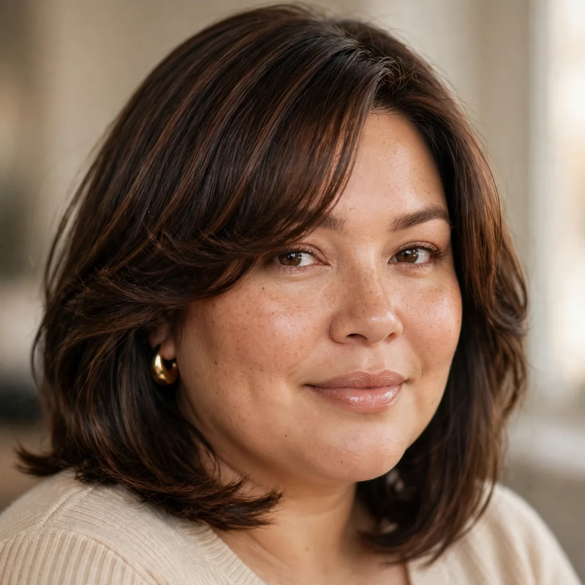 Shoulder-length haircut with elegant side-swept bangs on a curvy woman