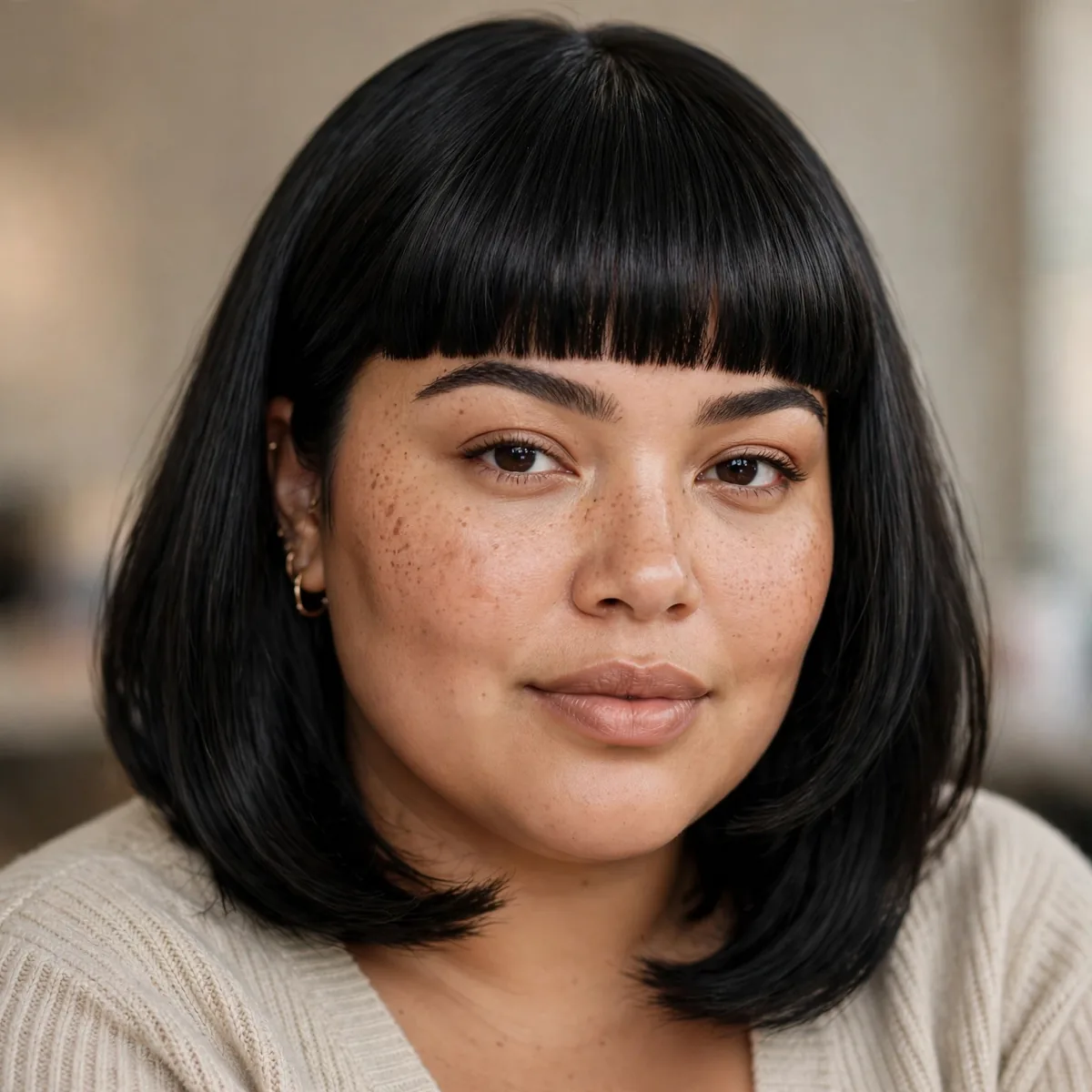 Sleek lob haircut with bold blunt bangs on a curvy woman
