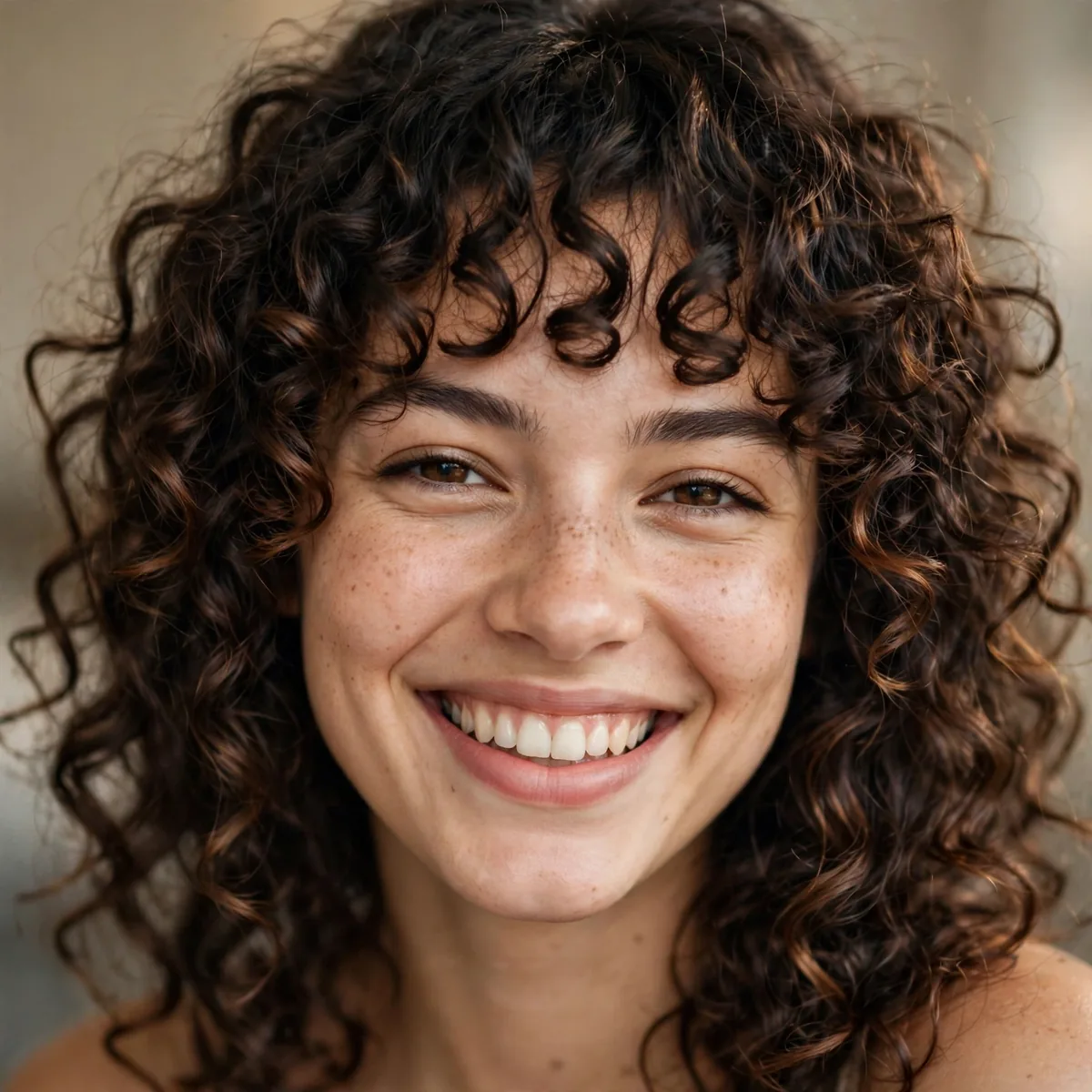 Curly hair with bouncy curly bangs framing the face joyfully