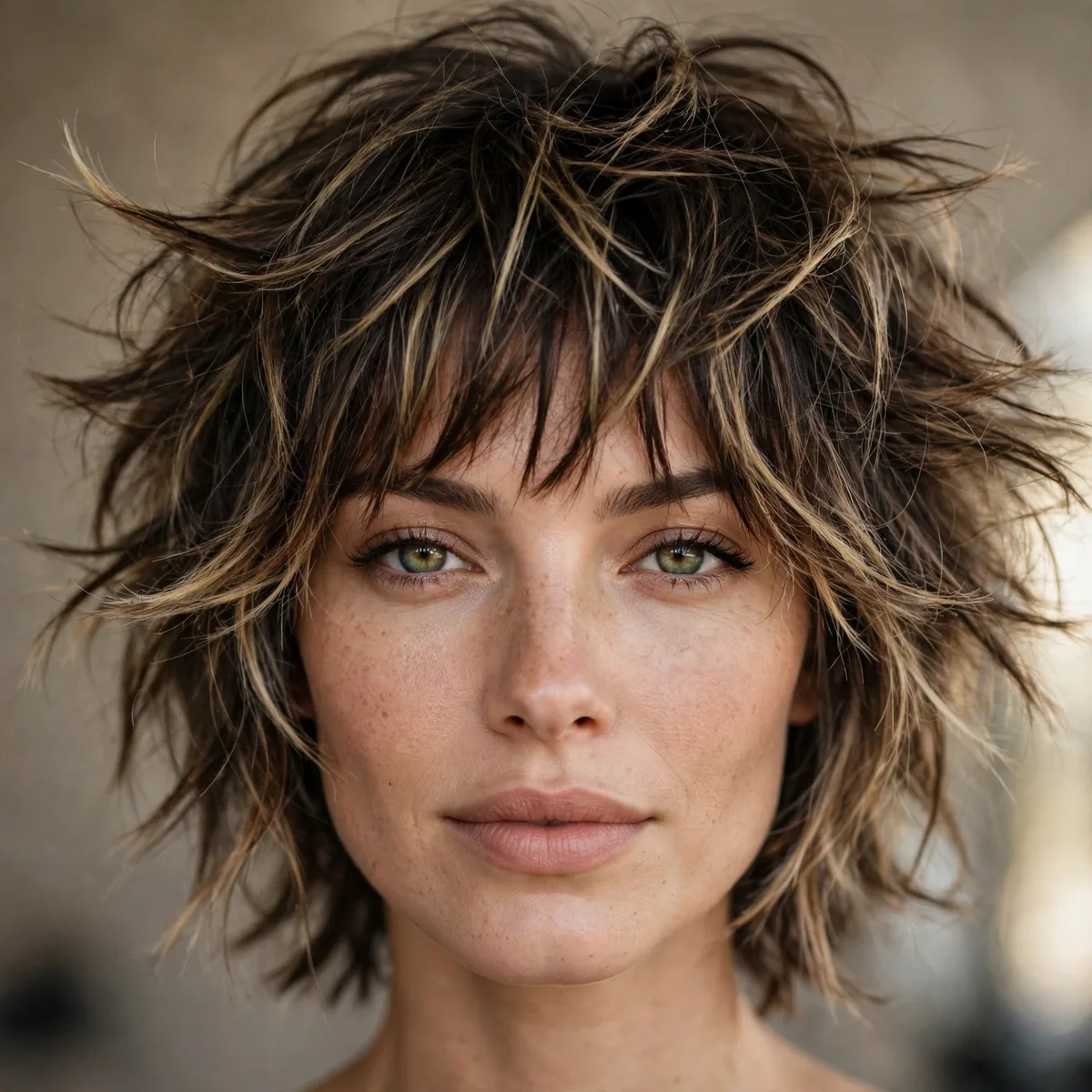Textured shag haircut with edgy choppy bangs and lots of movement
