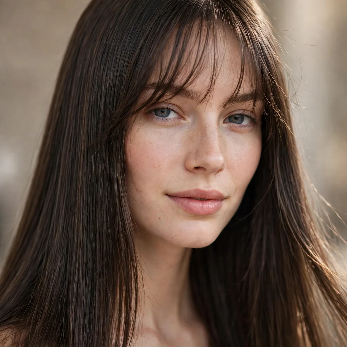 Long straight sleek hair with a light wispy fringe across the forehead
