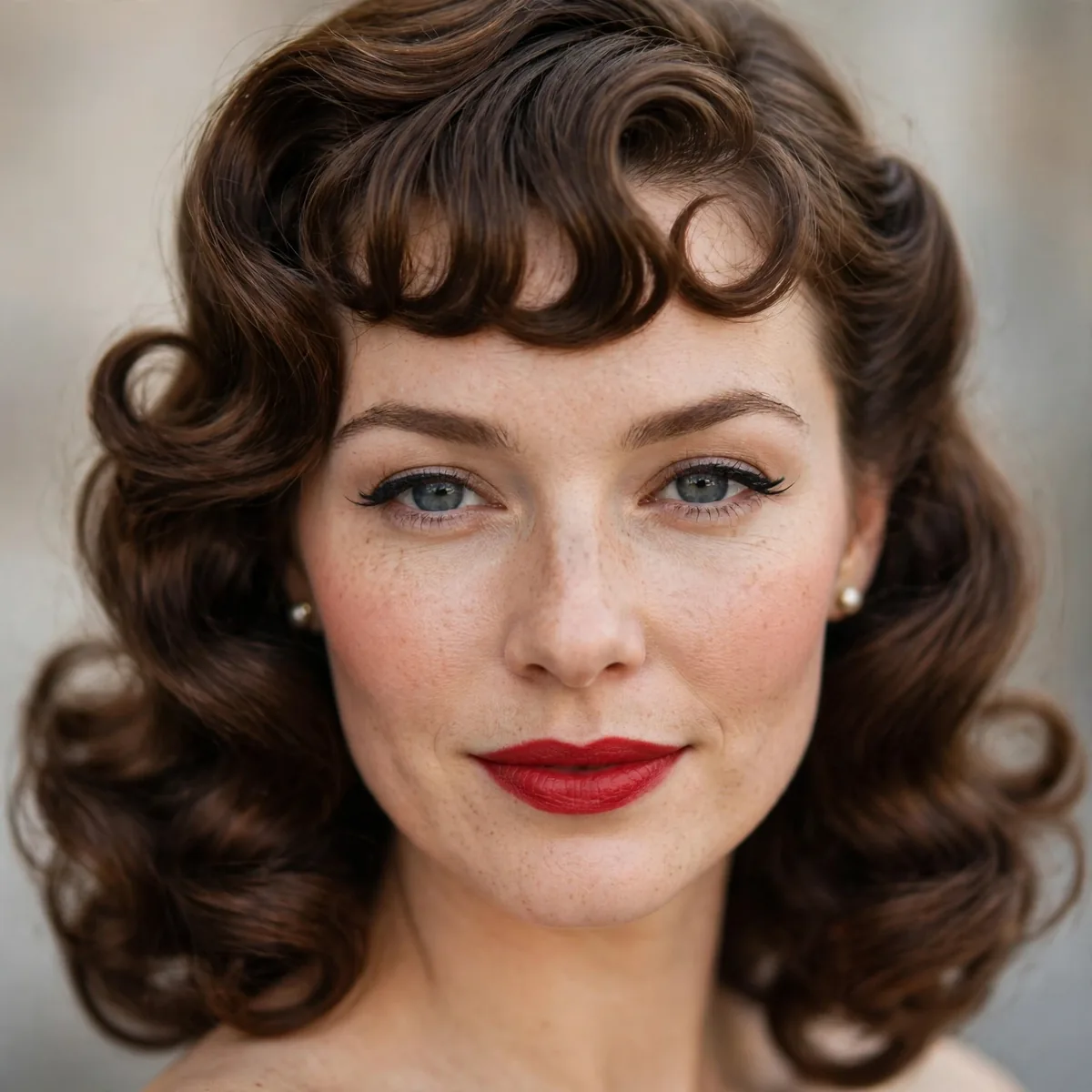 Vintage-inspired curls with classic pin-up style bangs