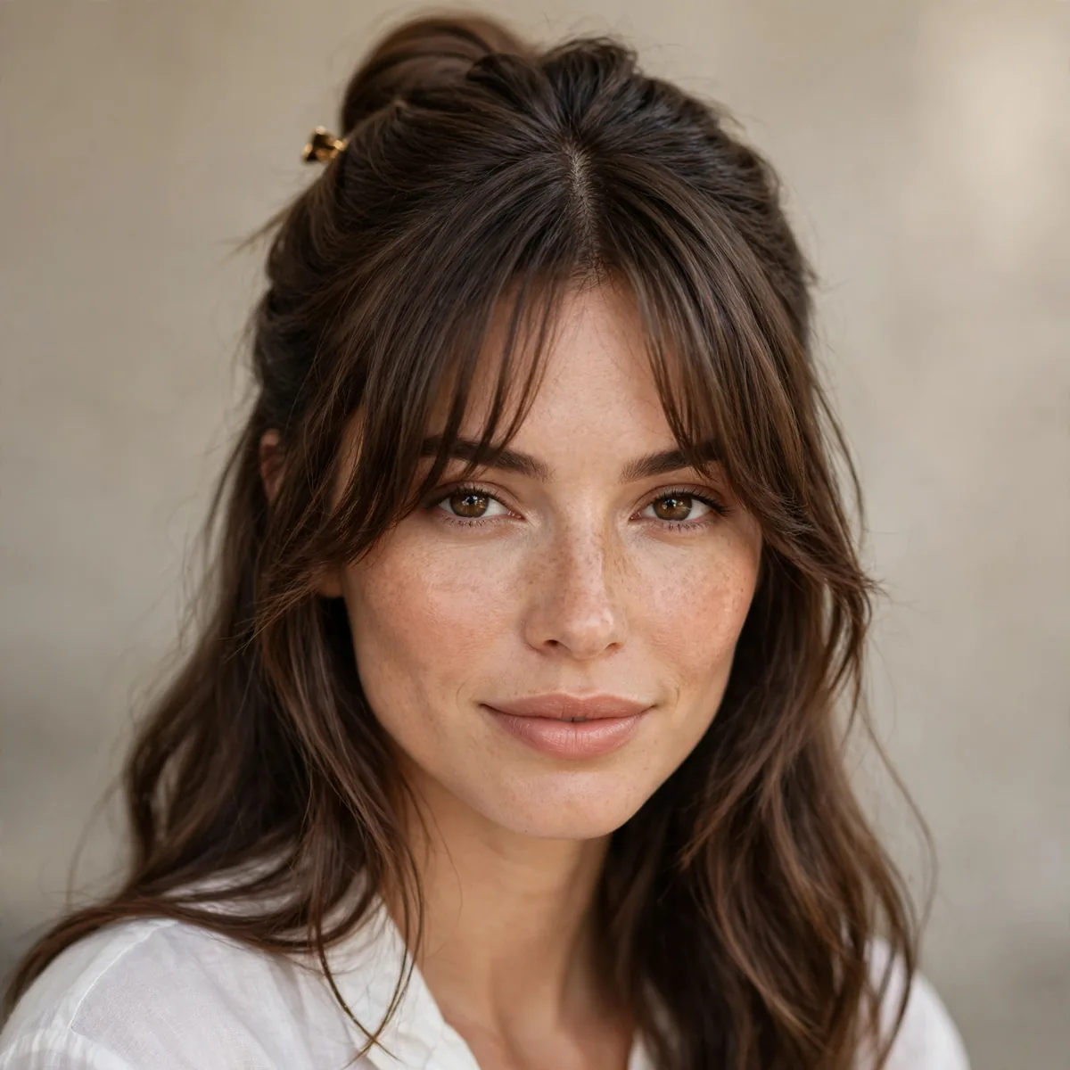 Half-up hairstyle with soft curtain bangs framing the face