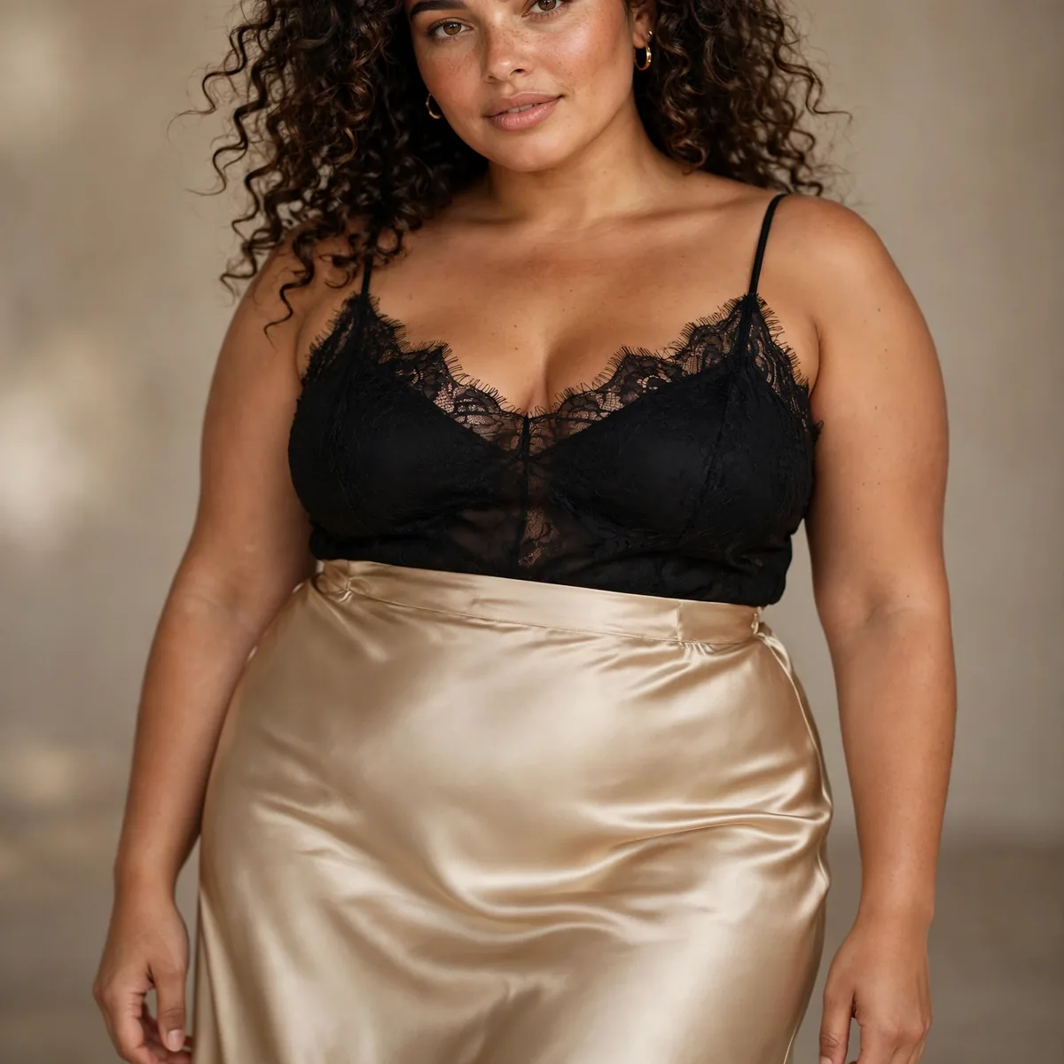 Satin midi slip skirt on curvy woman