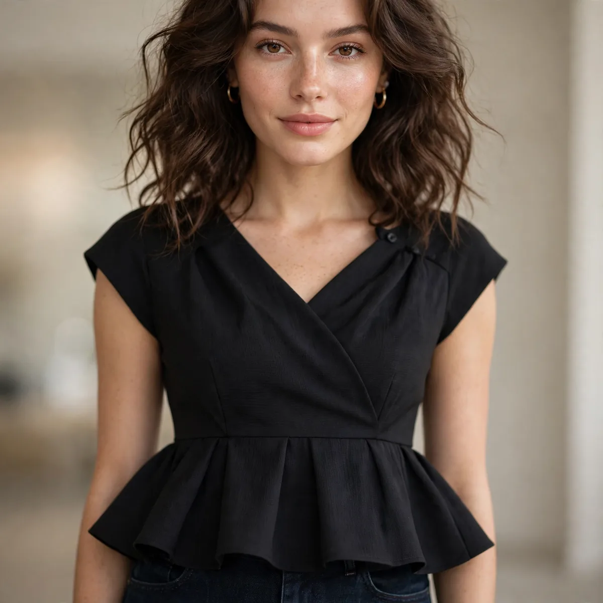 Peplum top with dark jeans