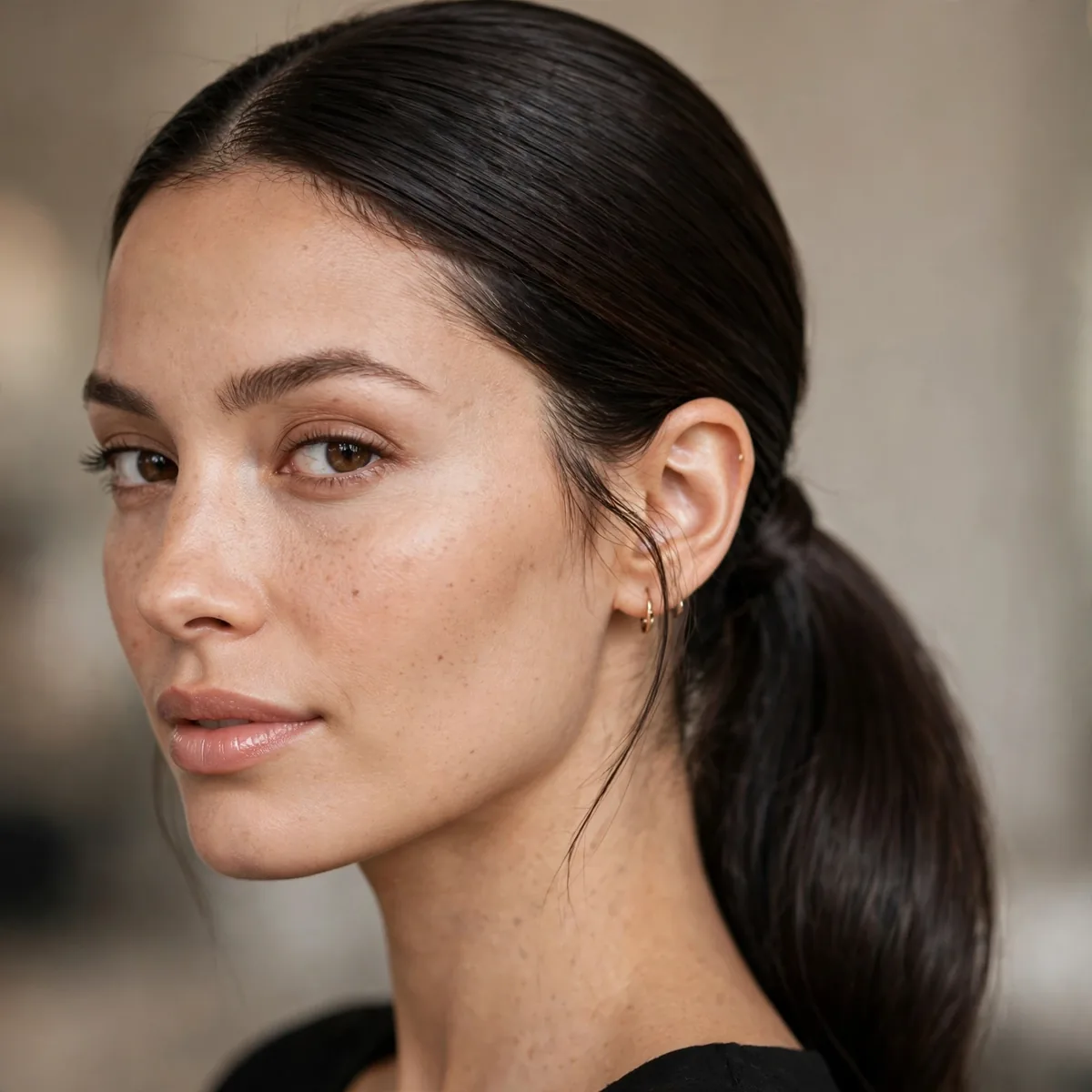 Sleek low ponytail on thick hair