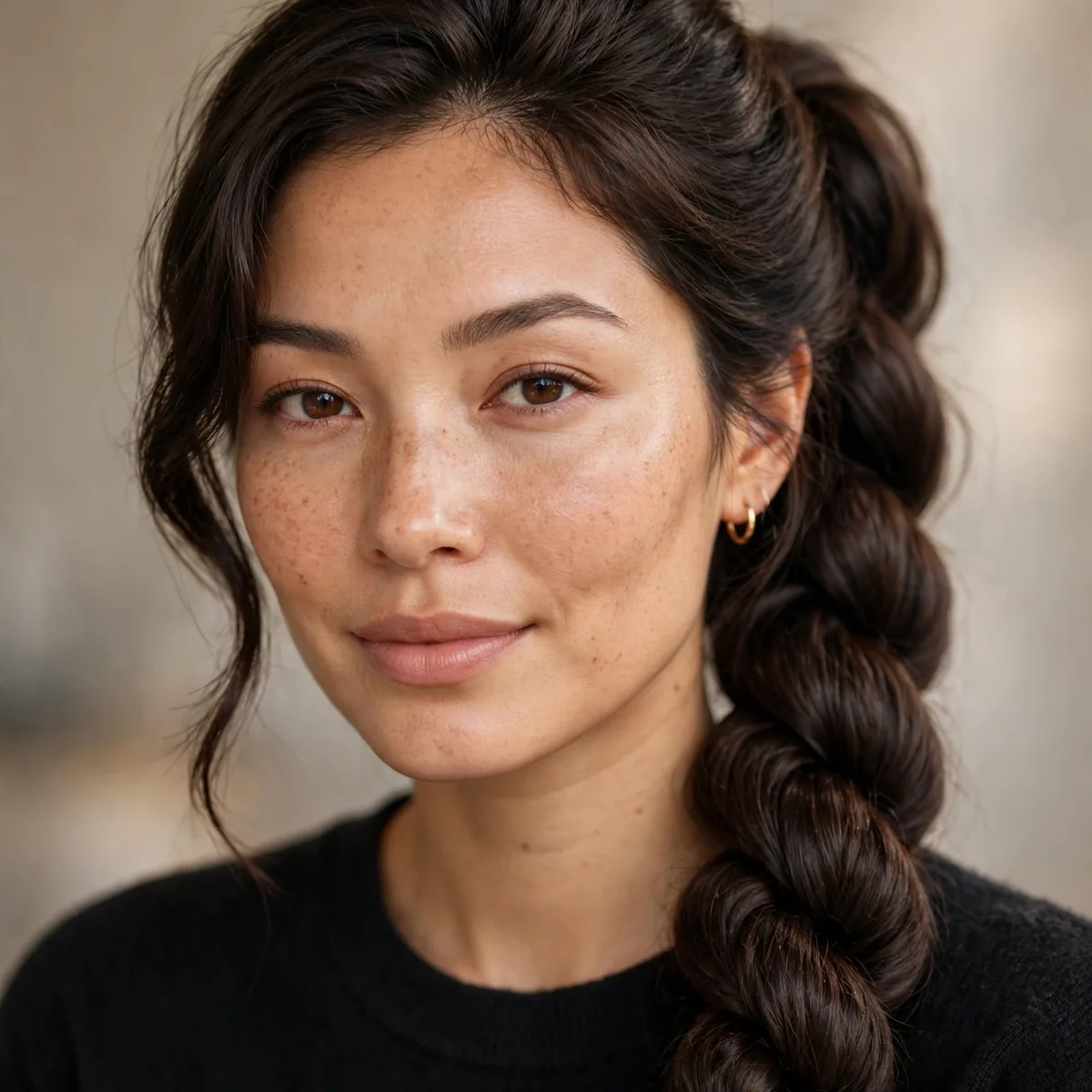 Ponytail twisted into a rope on thick hair