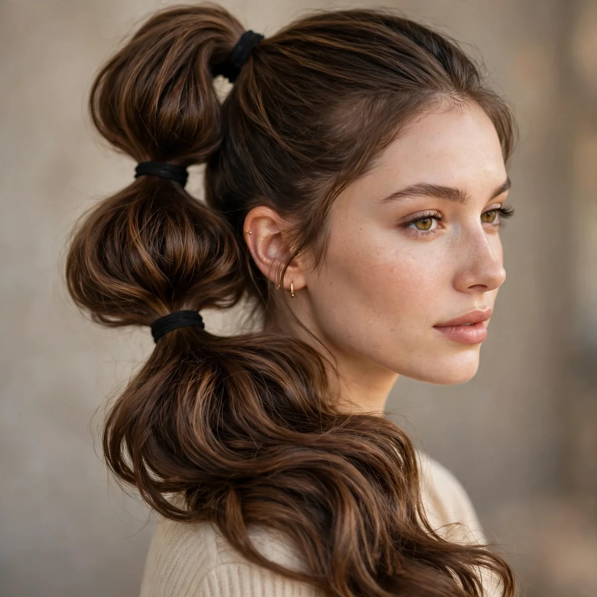 Stacked ponytails creating long voluminous look