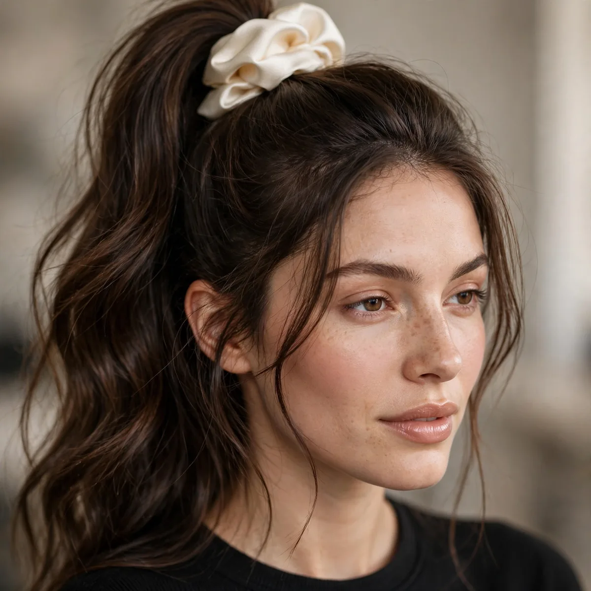High ponytail with satin scrunchie