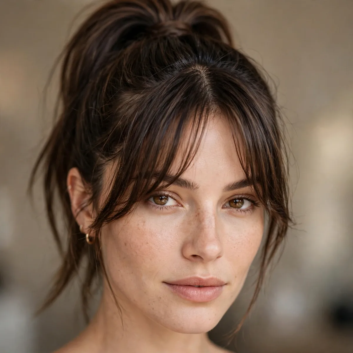High ponytail paired with curtain bangs